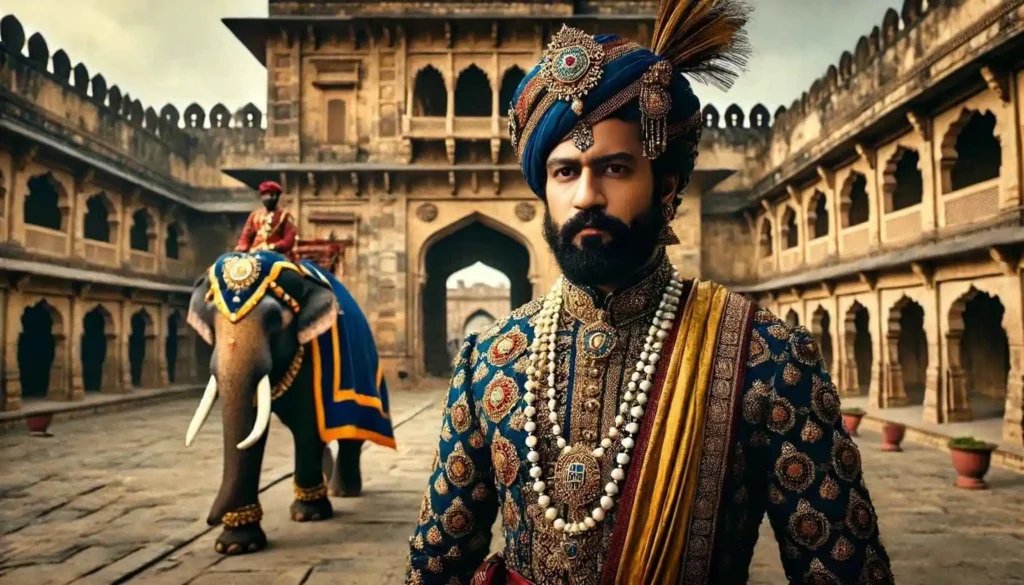 छत्रपति संभाजी महाराज का ऐतिहासिक चित्र, पारंपरिक शाही पोशाक में राजमहल के आंगन में खड़े, पृष्ठभूमि में शाही हाथी।