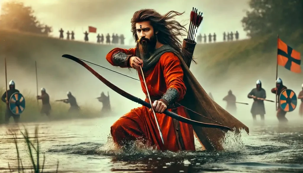 छत्रपति संभाजी महाराज नदी पार करते हुए, धनुष और तीर के साथ ऐतिहासिक युद्ध का दृश्य।
