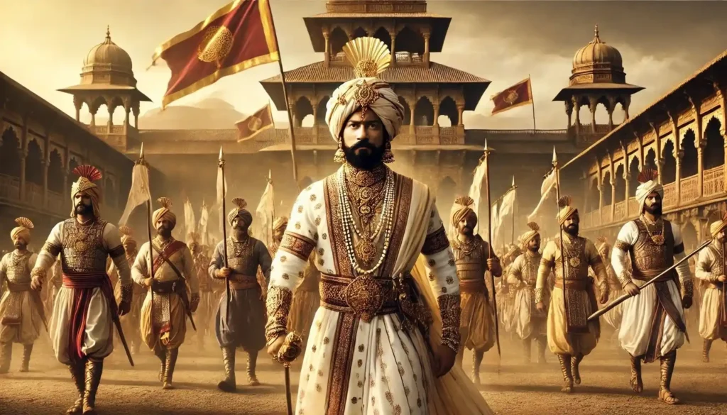 छत्रपति संभाजी महाराज, पारंपरिक मराठा वस्त्रों और शाही पोशाक में, तलवार लिए योद्धाओं का नेतृत्व करते हुए।