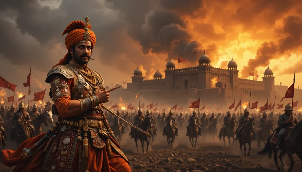 पारंपरिक कवच और वस्त्रों में एक योद्धा एक चट्टान पर खड़ा है, तलवार को ऊँचा उठाए हुए। योद्धा के पीछे लाल झंडों के साथ एक विशाल सेना दिखाई दे रही है, जिसकी पृष्ठभूमि में नाटकीय सूर्यास्त वाला आकाश है।