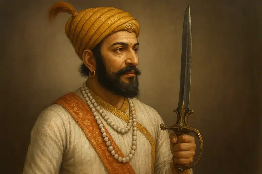 मराठा साम्राज्य के संस्थापक छत्रपति शिवाजी महाराज का चित्र, पारंपरिक परिधान में तलवार धारण किए हुए।