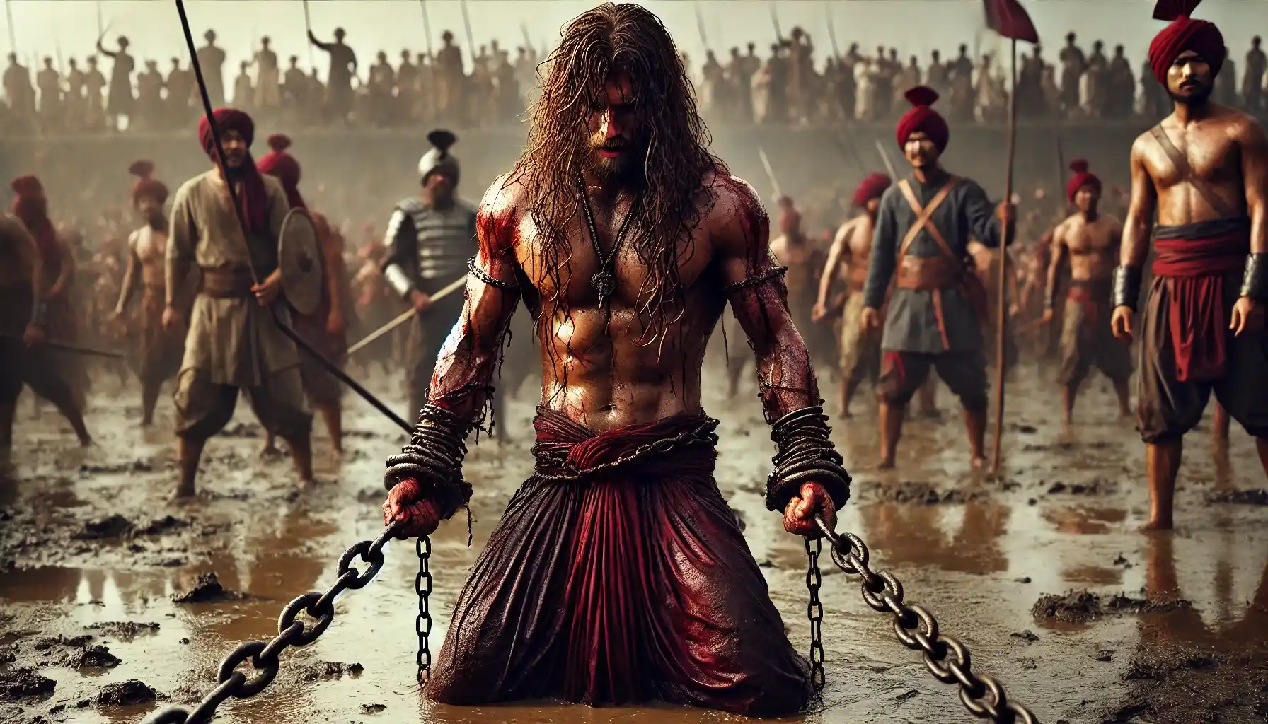 छत्रपति संभाजी महाराज की आखिरी घड़ी – जंजीरों में जकड़े एक योद्धा का बलिदान, जो मराठा वीरता और साहस का प्रतीक है।