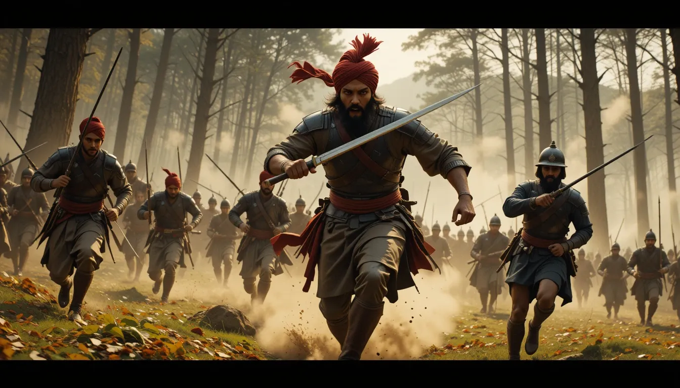 पारंपरिक पोशाक, लाल पगड़ियों और कवच में सजे हुए योद्धाओं का एक समूह, तलवारें निकालकर जंगल में युद्ध के लिए आगे बढ़ते हुए।