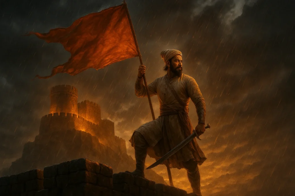 शिवाजी महाराज किले पर भगवा ध्वज फहराते हुए, तलवार हाथ में और बारिश के बीच विजयी मुद्रा में