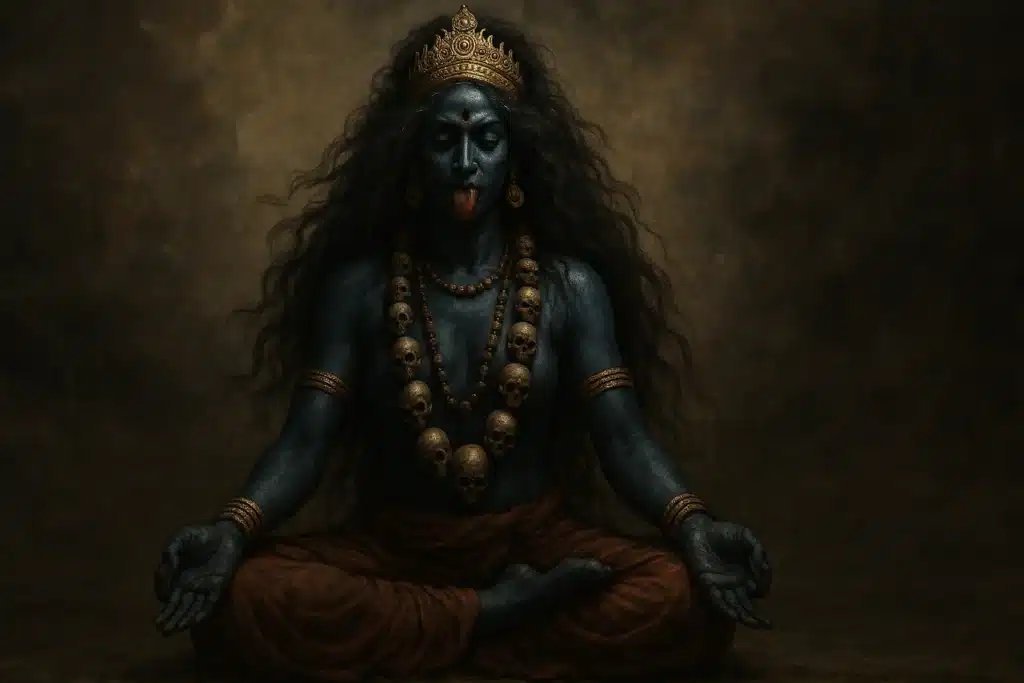 माँ कालरात्रि ध्यान मुद्रा में, शांत, रहस्यमयी और दिव्य आभा से युक्त।