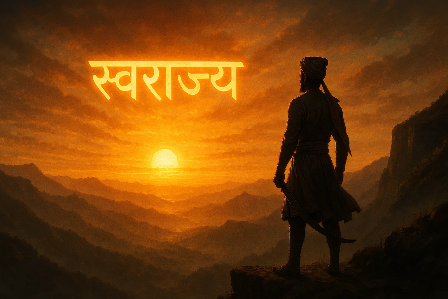 छत्रपति शिवाजी महाराज स्वराज्य के सपने को निहारते हुए पहाड़ी पर खड़े हैं, पीले सूरज की रौशनी में
