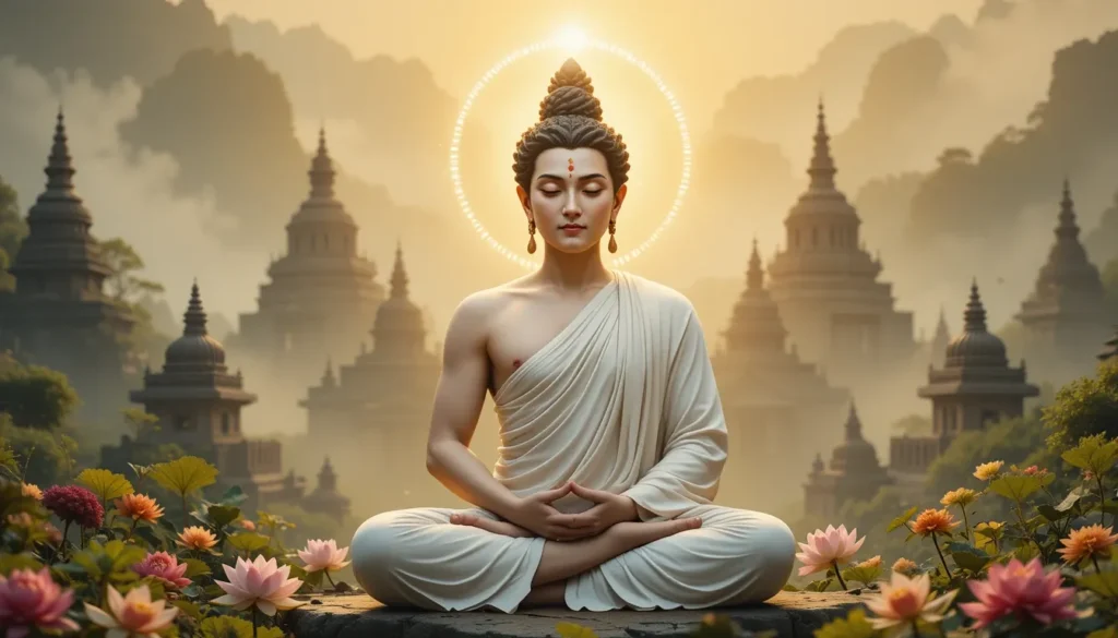 भगवान महावीर का एक शांत चित्रण, जिसमें वे एक विशाल, प्राचीन वृक्ष के नीचे ध्यानमग्न हैं, वृक्ष की शाखाओं से छनकर आती सूर्य किरणों के साथ, चारों ओर हरी-भरी प्रकृति और पक्षियों से घिरा हुआ दृश्य।
