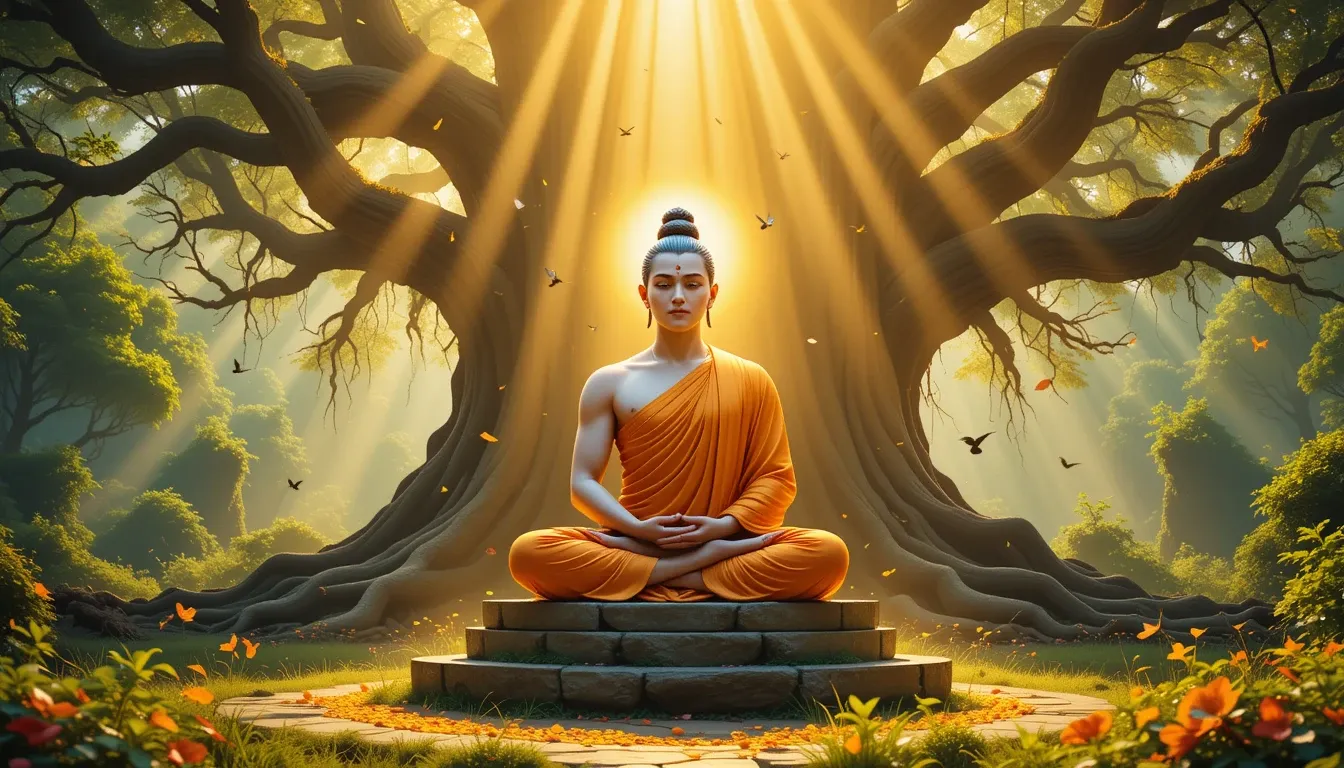 भगवान महावीर ध्यानमग्न हैं, एक विशाल और प्राचीन वृक्ष के नीचे, जिसकी शाखाओं से सूर्य की किरणें छनकर आ रही हैं। चारों ओर हरियाली और पक्षियों से घिरा शांत वातावरण।