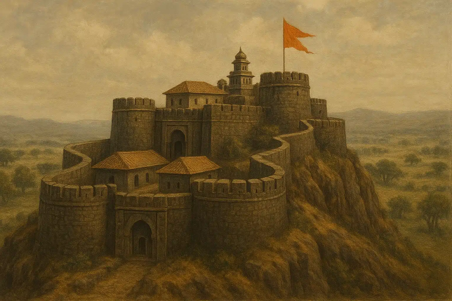 एक भव्य मराठा किला, ऊँची पहाड़ी पर स्थित, जिस पर भगवा ध्वज लहरा रहा है।