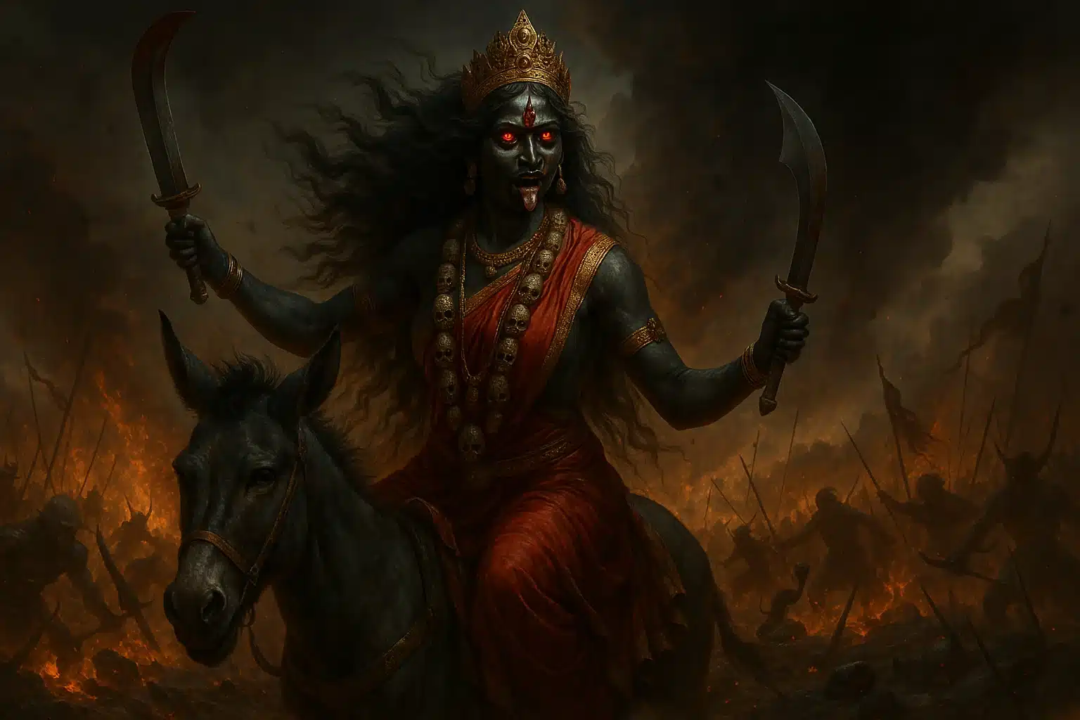 माँ कालरात्रि युद्धभूमि में राक्षसों का संहार करते हुए, तेजस्वी और उग्र रूप में।