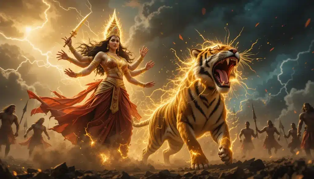 माँ चंद्रघंटा बाघ पर सवार होकर राक्षस पर प्रहार करते हुए, दिव्य प्रकाश और तलवार के साथ।