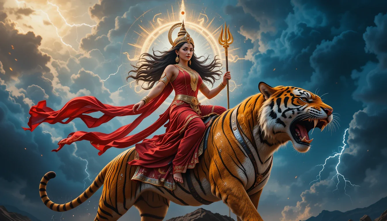 माँ चंद्रघंटा बाघ पर सवार, त्रिशूल धारण किए हुए, दिव्य प्रकाश के साथ।