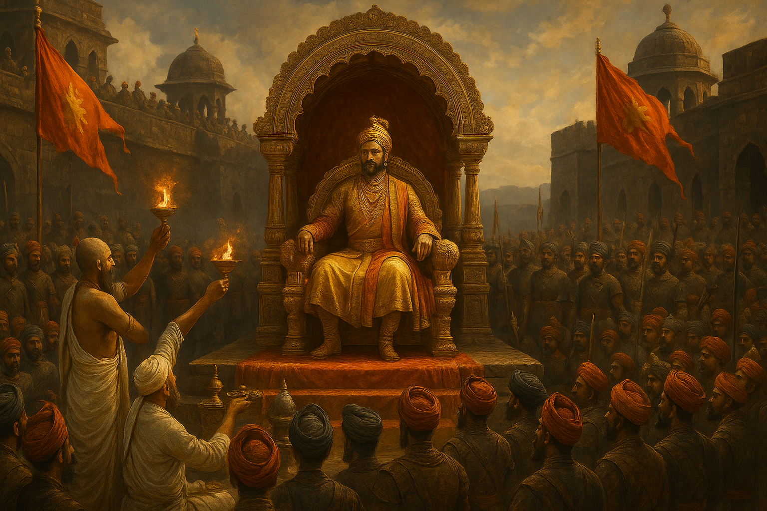 रायगढ़ किले में सिंहासन पर विराजमान छत्रपति शिवाजी महाराज का राज्याभिषेक समारोह