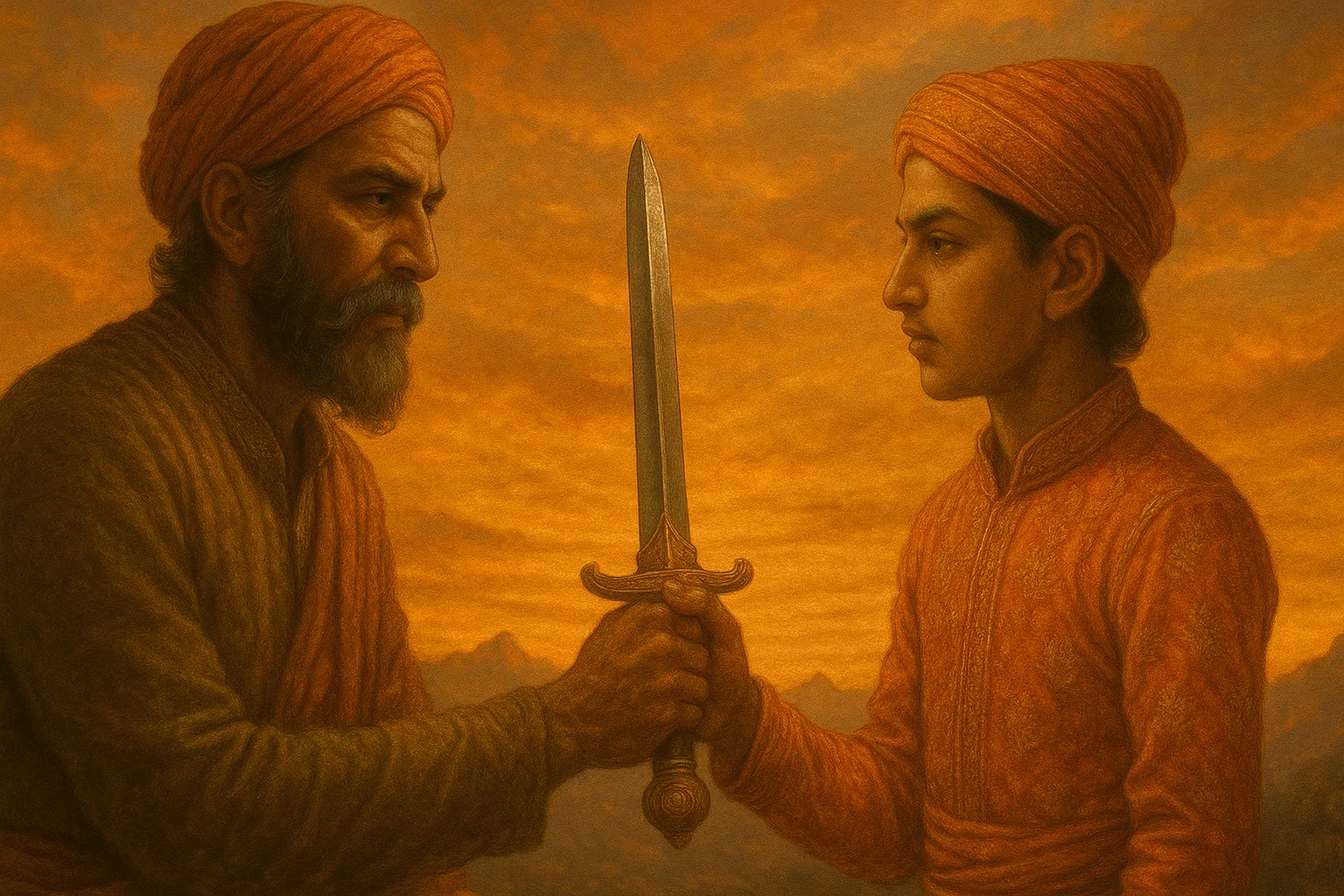 शाहाजी भोसले शिवाजी को तलवार सौंपते हुए