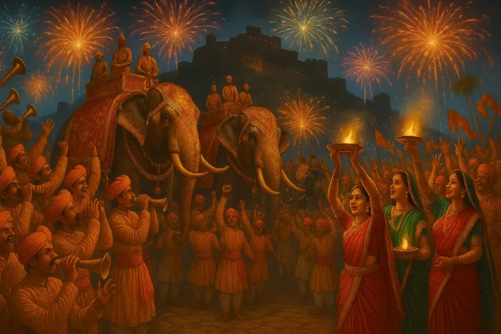 भव्य समारोह में सजी हुई हाथी सवारी, पारंपरिक वेशभूषा में लोग।