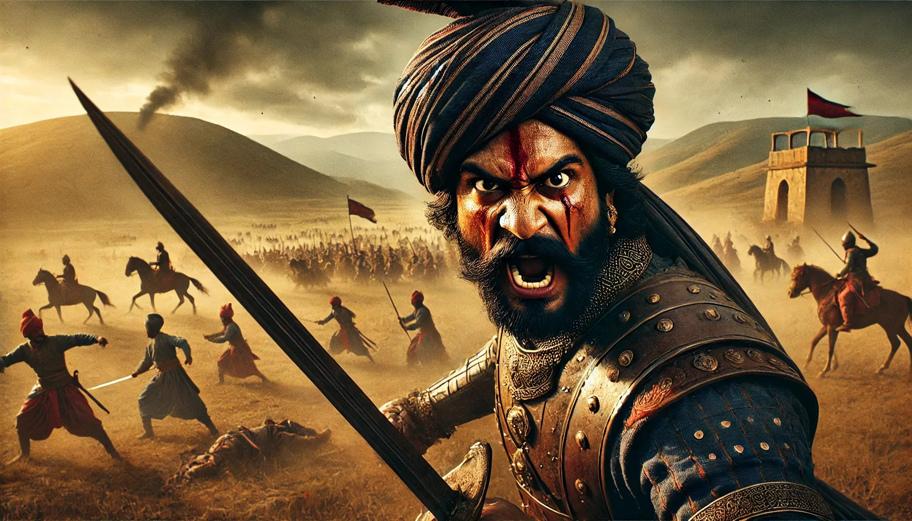 संघर्ष करते मराठा योद्धा संताजी घोरपड़े, संभाजी महाराज की शहादत का बदला लेते हुए।