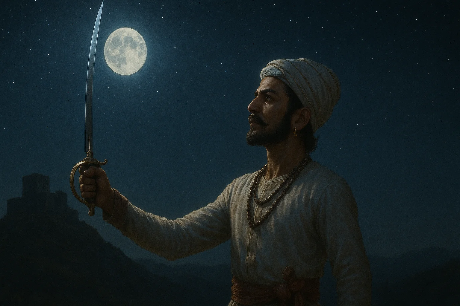चांदनी रात में तलवार पकड़े छत्रपति शिवाजी महाराज