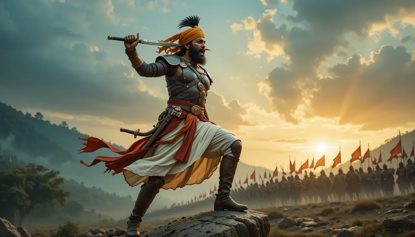 पारंपरिक कवच में एक योद्धा एक चट्टान पर खड़ा है, सूर्यास्त के समय तलवार को ऊँचा उठाए हुए है, पृष्ठभूमि में एक विशाल सेना दिखाई दे रही है।