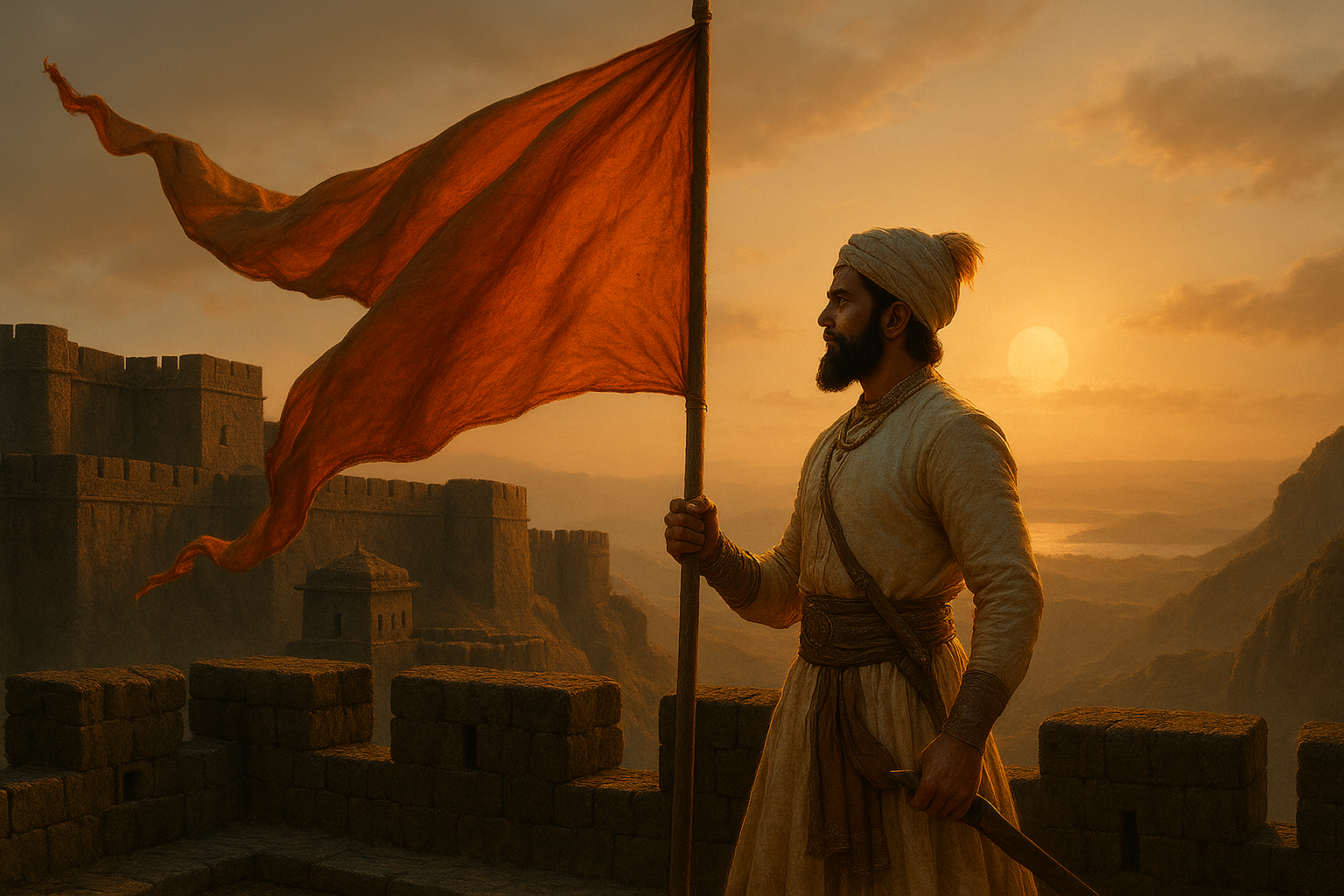 किले की प्राचीर पर भगवा ध्वज थामे एक मराठा योद्धा, सूर्यास्त के समय