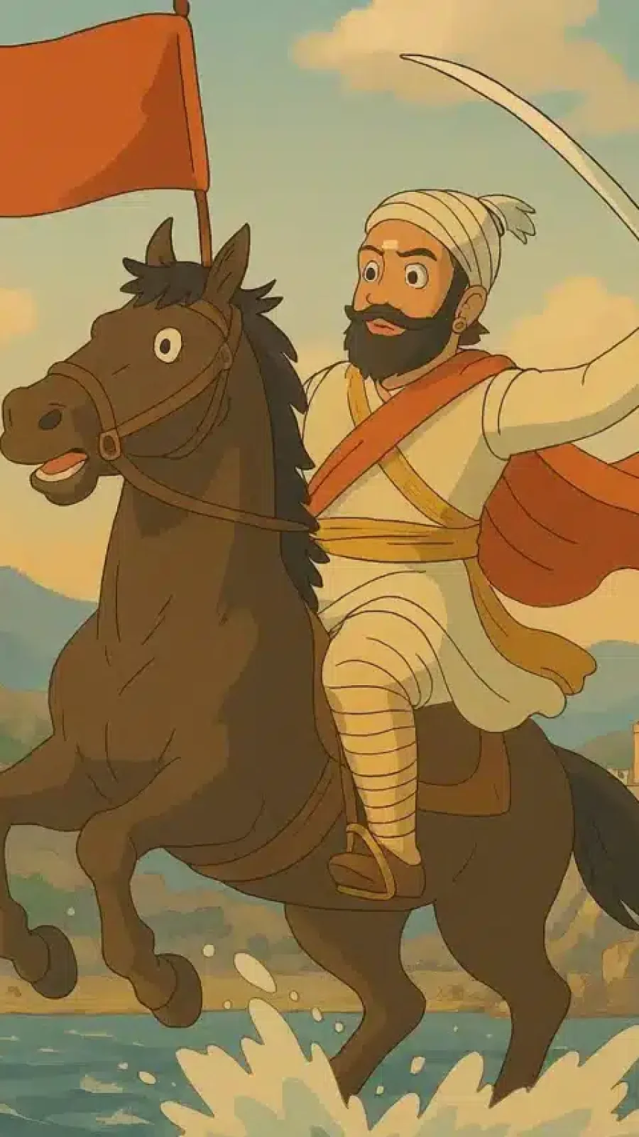 छत्रपति शिवाजी महाराज घोड़े पर सवार होकर युद्ध करते हुए, तलवार उठाए हुए और मराठा सैनिकों के साथ।