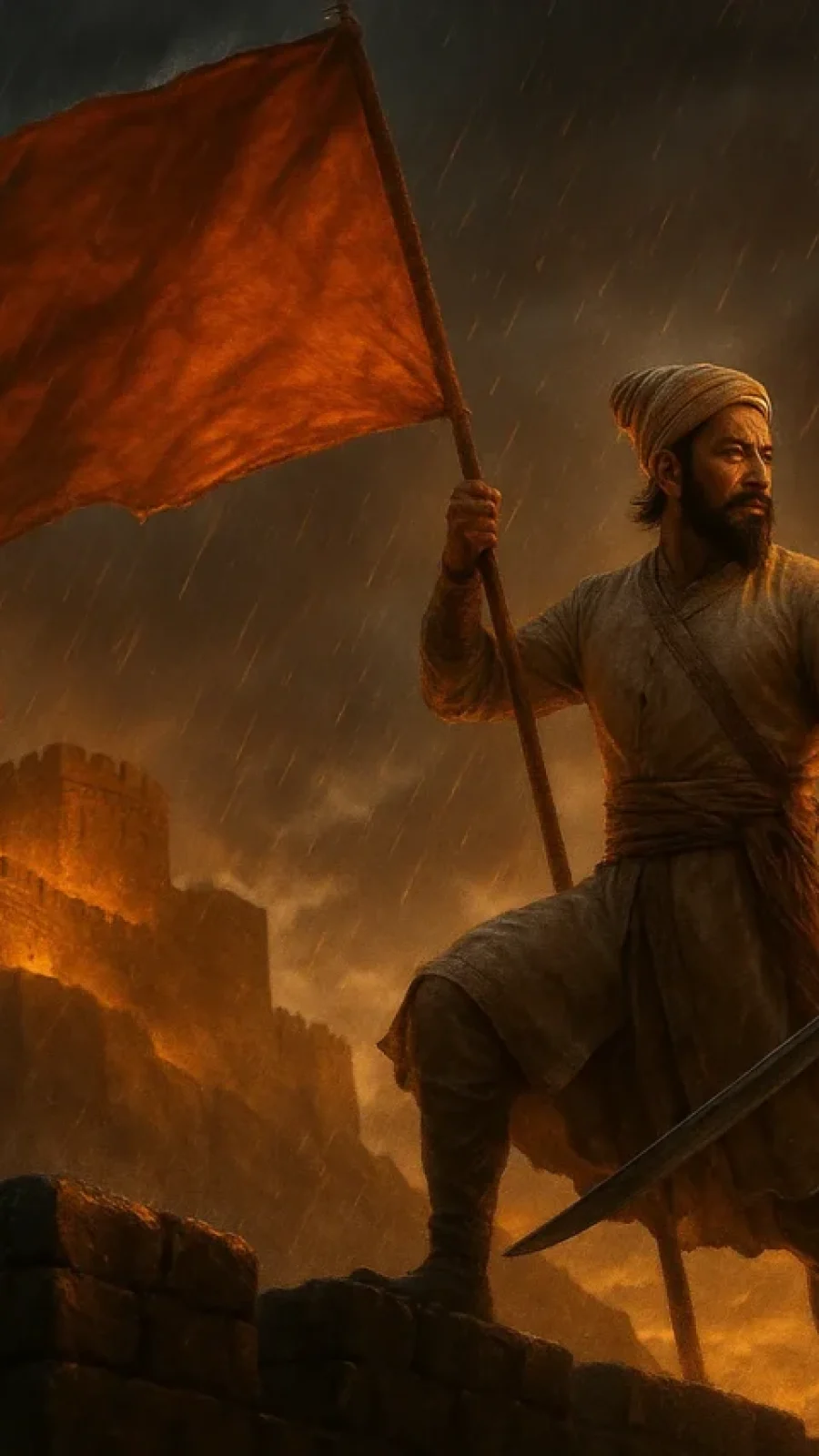 शिवाजी महाराज किले पर भगवा ध्वज फहराते हुए, तलवार हाथ में और बारिश के बीच विजयी मुद्रा में