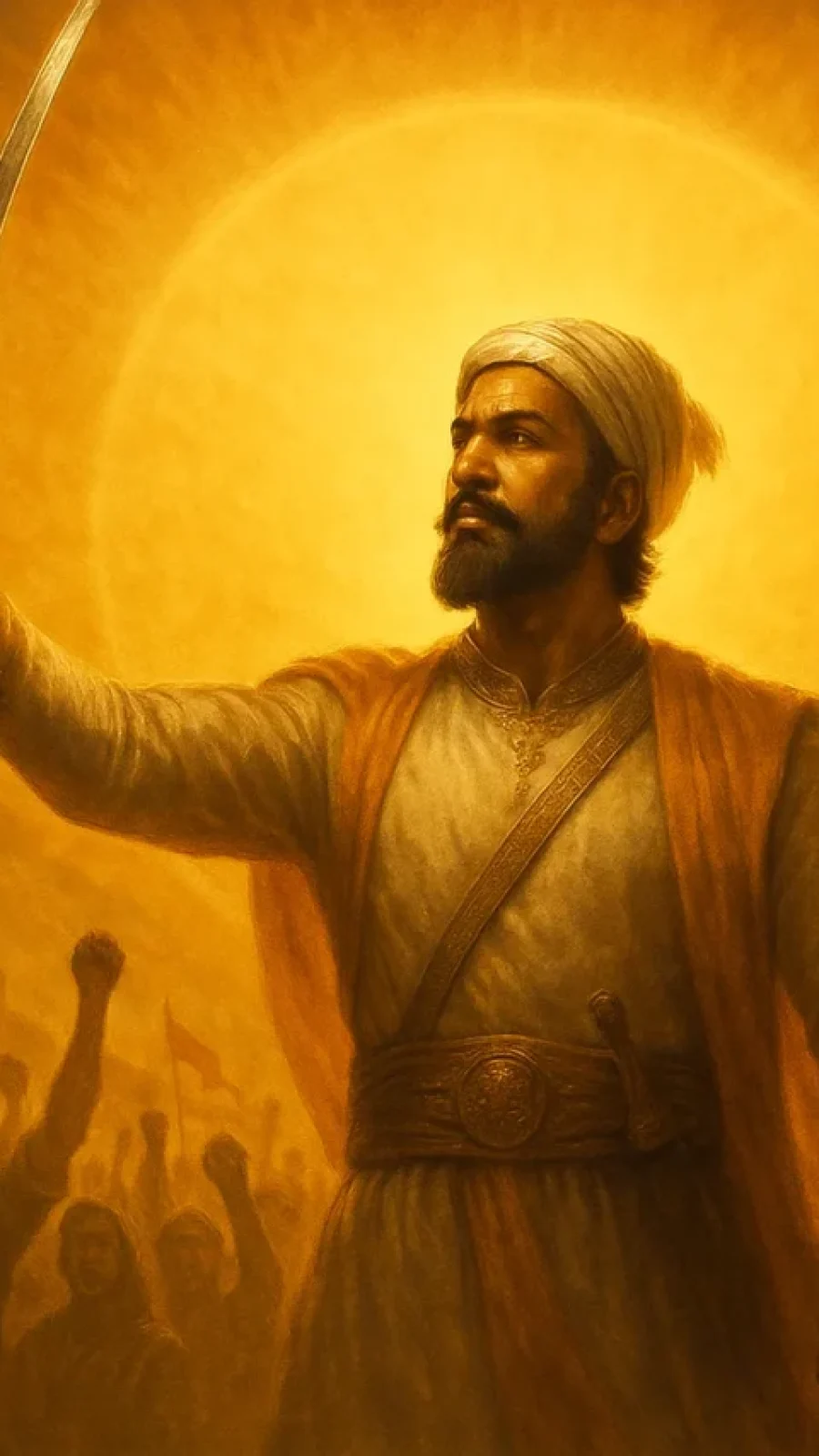शिवाजी महाराज सूर्य की आभा में तलवार उठाए, पीछे किलों और जयकारा लगाते अनुयायियों के साथ