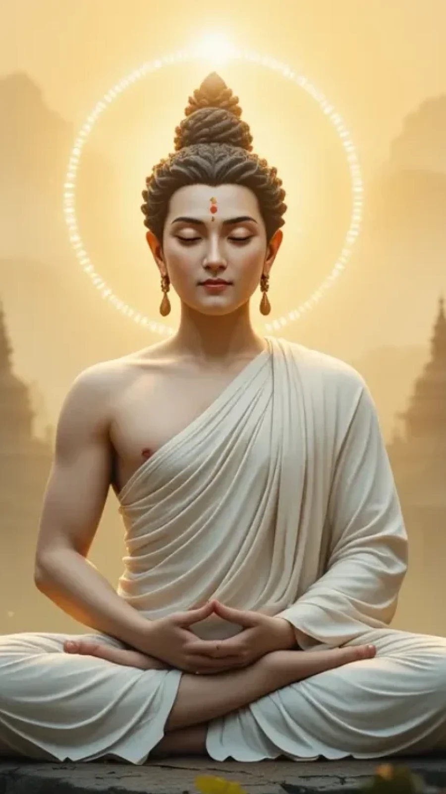 भगवान महावीर का एक शांत चित्रण, जिसमें वे एक विशाल, प्राचीन वृक्ष के नीचे ध्यानमग्न हैं, वृक्ष की शाखाओं से छनकर आती सूर्य किरणों के साथ, चारों ओर हरी-भरी प्रकृति और पक्षियों से घिरा हुआ दृश्य।
