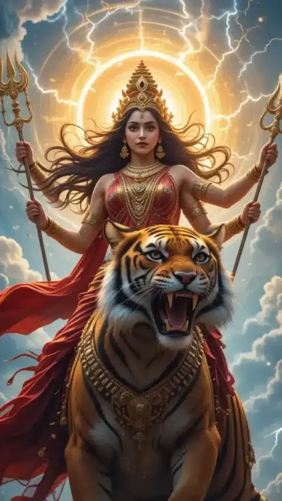 माँ चंद्रघंटा बाघ पर सवार, त्रिशूल धारण किए हुए, दिव्य प्रकाश के साथ।