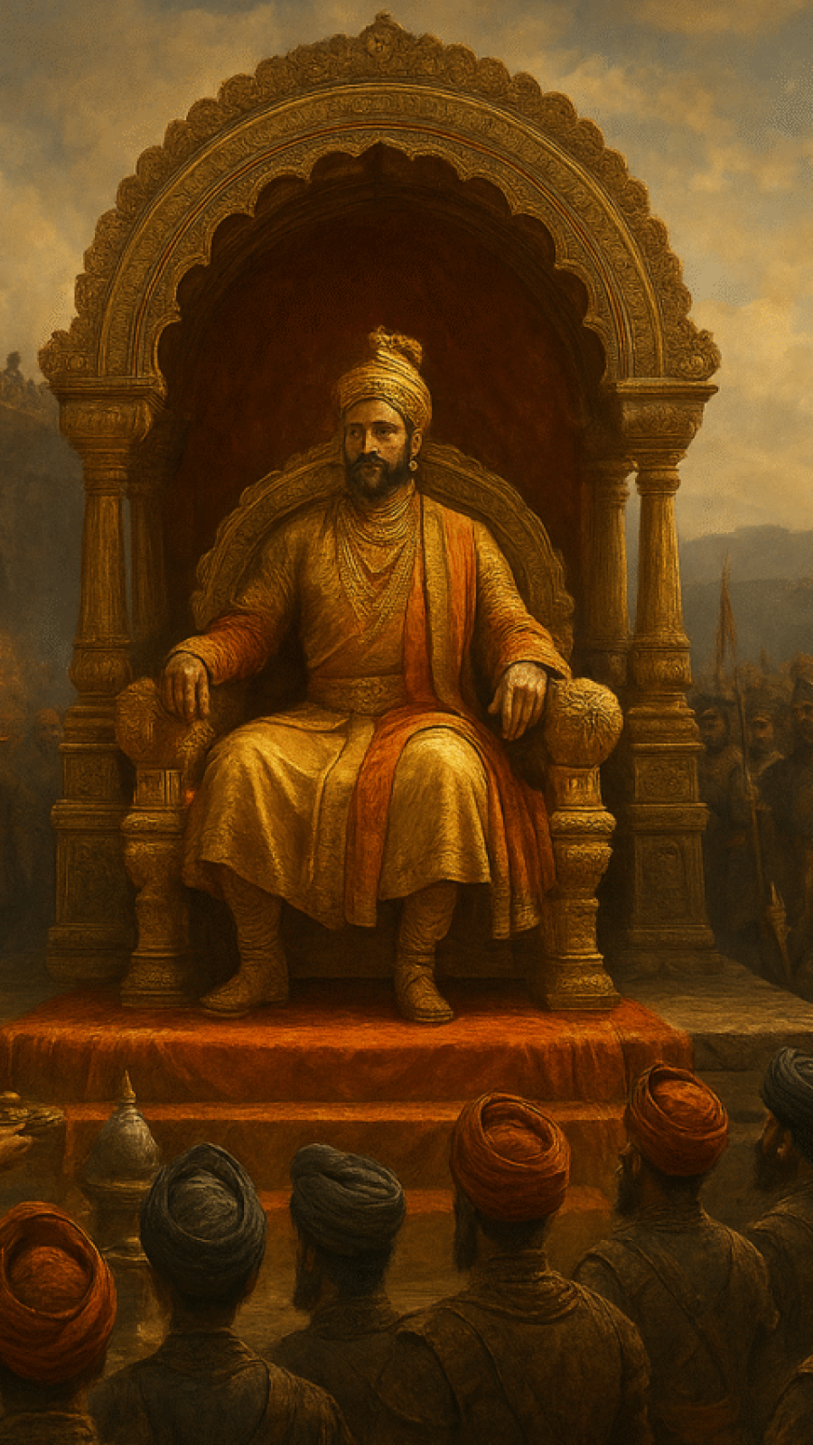 रायगढ़ किले में सिंहासन पर विराजमान छत्रपति शिवाजी महाराज का राज्याभिषेक समारोह