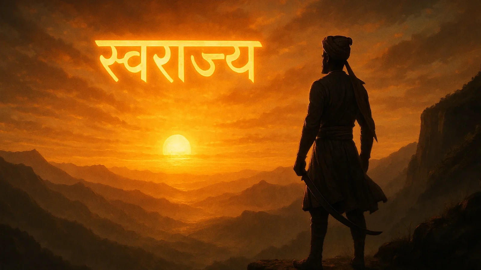 छत्रपति शिवाजी महाराज स्वराज्य के सपने को निहारते हुए पहाड़ी पर खड़े हैं, पीले सूरज की रौशनी में