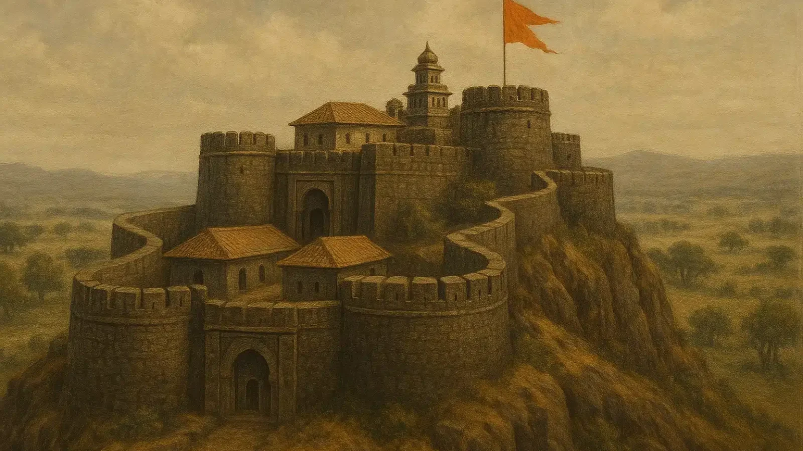 एक भव्य मराठा किला, ऊँची पहाड़ी पर स्थित, जिस पर भगवा ध्वज लहरा रहा है।
