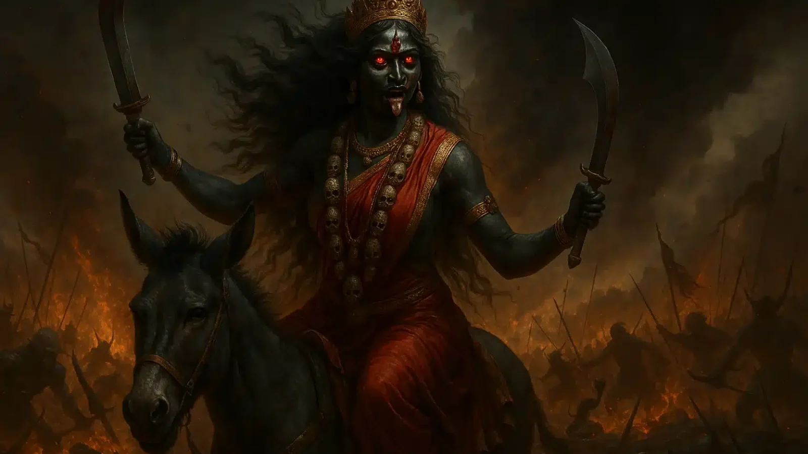 माँ कालरात्रि युद्धभूमि में राक्षसों का संहार करते हुए, तेजस्वी और उग्र रूप में।