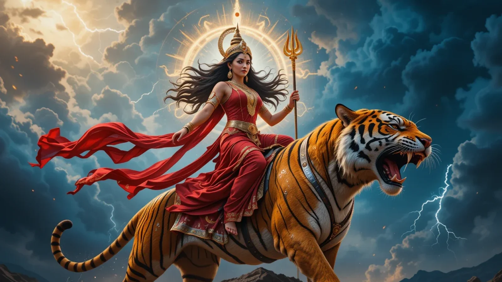 माँ चंद्रघंटा बाघ पर सवार, त्रिशूल धारण किए हुए, दिव्य प्रकाश के साथ।