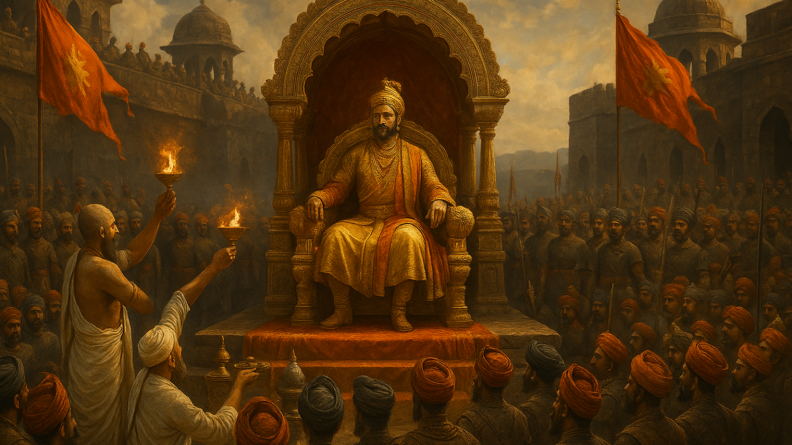 रायगढ़ किले में सिंहासन पर विराजमान छत्रपति शिवाजी महाराज का राज्याभिषेक समारोह