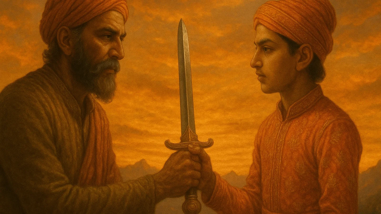 शाहाजी भोसले शिवाजी को तलवार सौंपते हुए