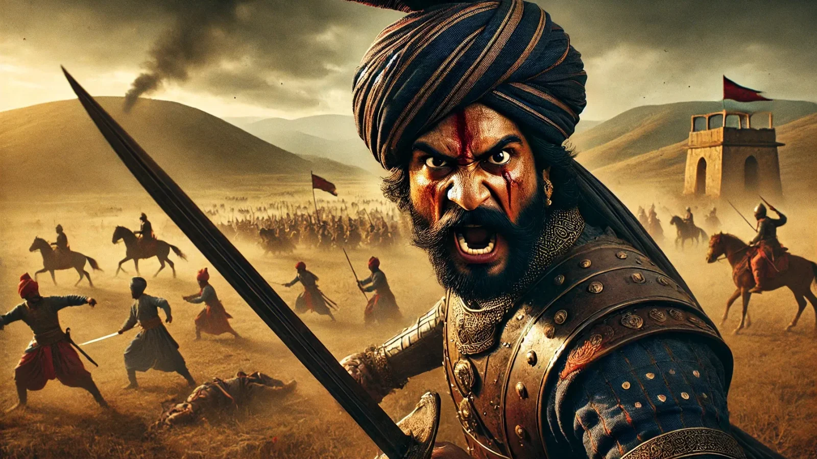 संघर्ष करते मराठा योद्धा संताजी घोरपड़े, संभाजी महाराज की शहादत का बदला लेते हुए।