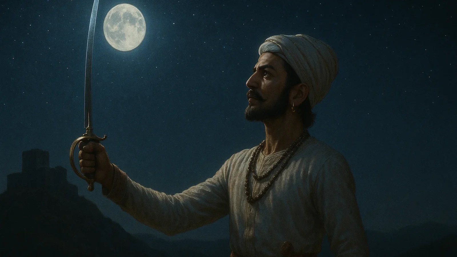 चांदनी रात में तलवार पकड़े छत्रपति शिवाजी महाराज