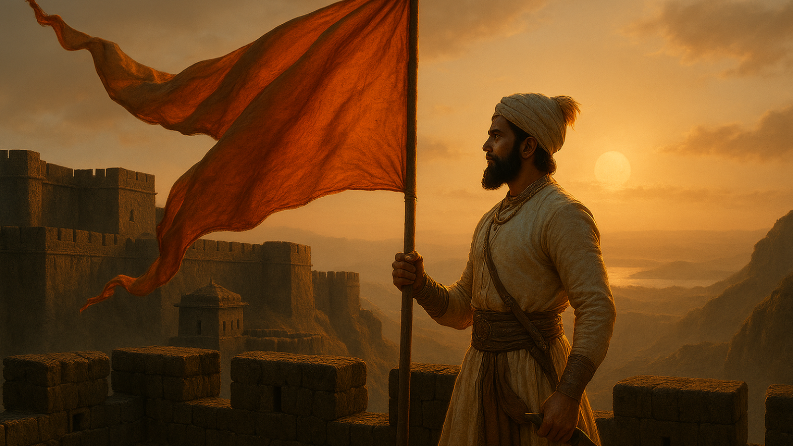 किले की प्राचीर पर भगवा ध्वज थामे एक मराठा योद्धा, सूर्यास्त के समय